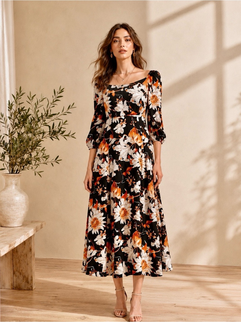 SHEIN Black Midi Dress with Orange and Cream Floral Print